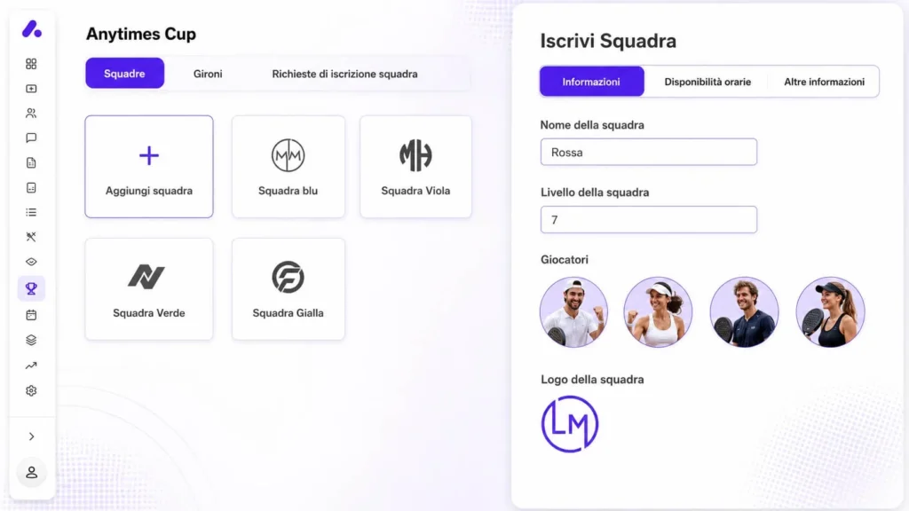 Anytimes Competition Manager interfaccia creazione squadre